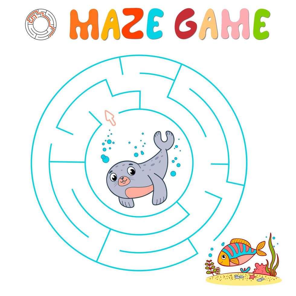 doolhof puzzelspel voor kinderen. cirkel doolhof of labyrint spel met zegel. vector