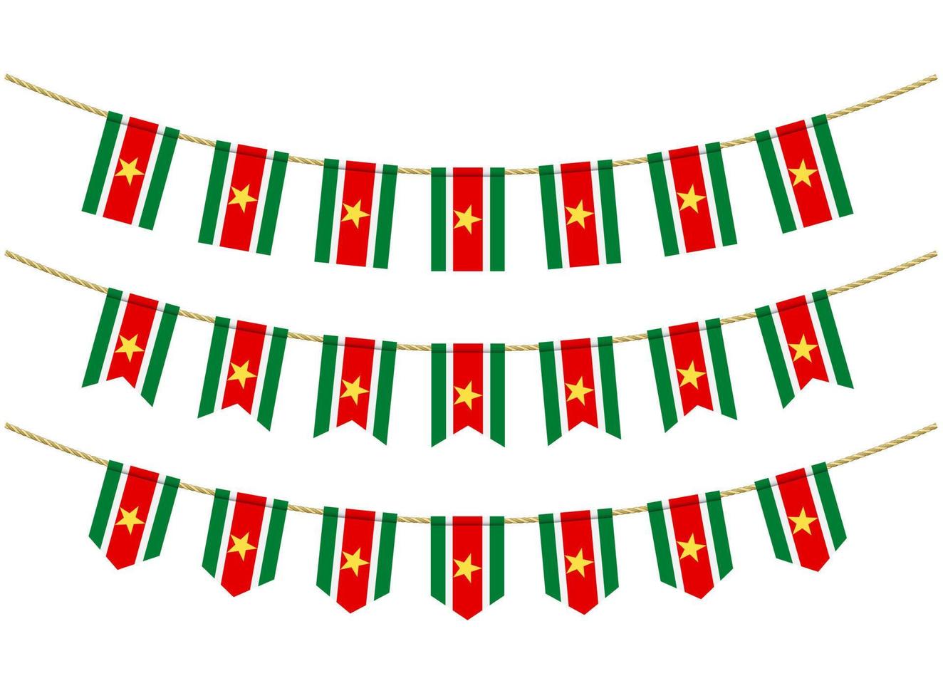Surinaamse vlag op de touwen op witte achtergrond. set patriottische bunting vlaggen. gors decoratie van surinaamse vlag vector