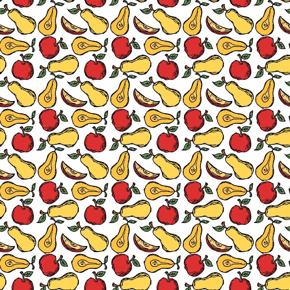 naadloos fruitpatroon. gekleurde appel en peer achtergrond. doodle vectorillustratie met fruit vector