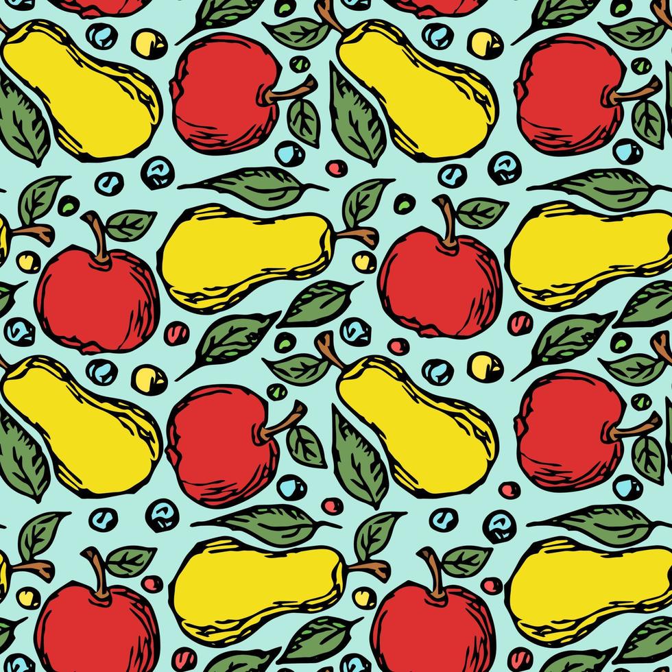 naadloos fruitpatroon. gekleurde appel en peer achtergrond. doodle vectorillustratie met fruit vector