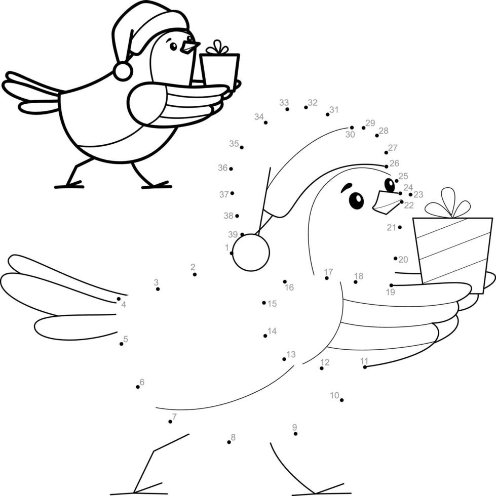Kerstpuzzel van punt naar punt voor kinderen. verbind stippen spel. vogel vector