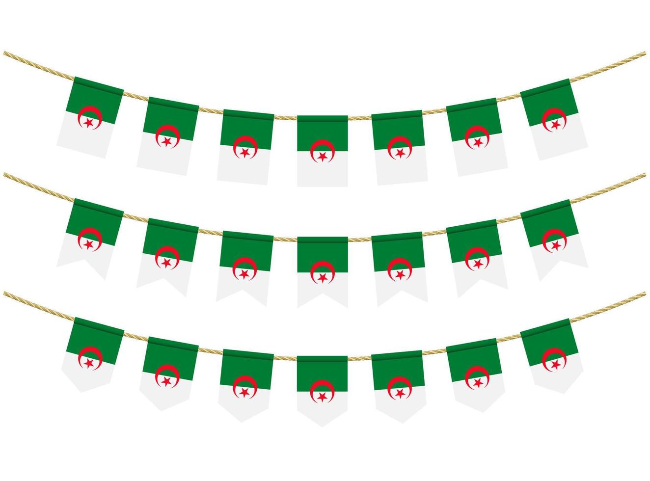 vlag van algerije aan de touwen op witte achtergrond. set patriottische bunting vlaggen. gors decoratie van de vlag van algerije vector