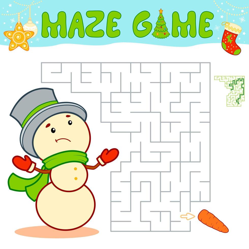 kerst doolhof puzzelspel voor kinderen. doolhof of labyrint spel met kerst sneeuwpop. vector
