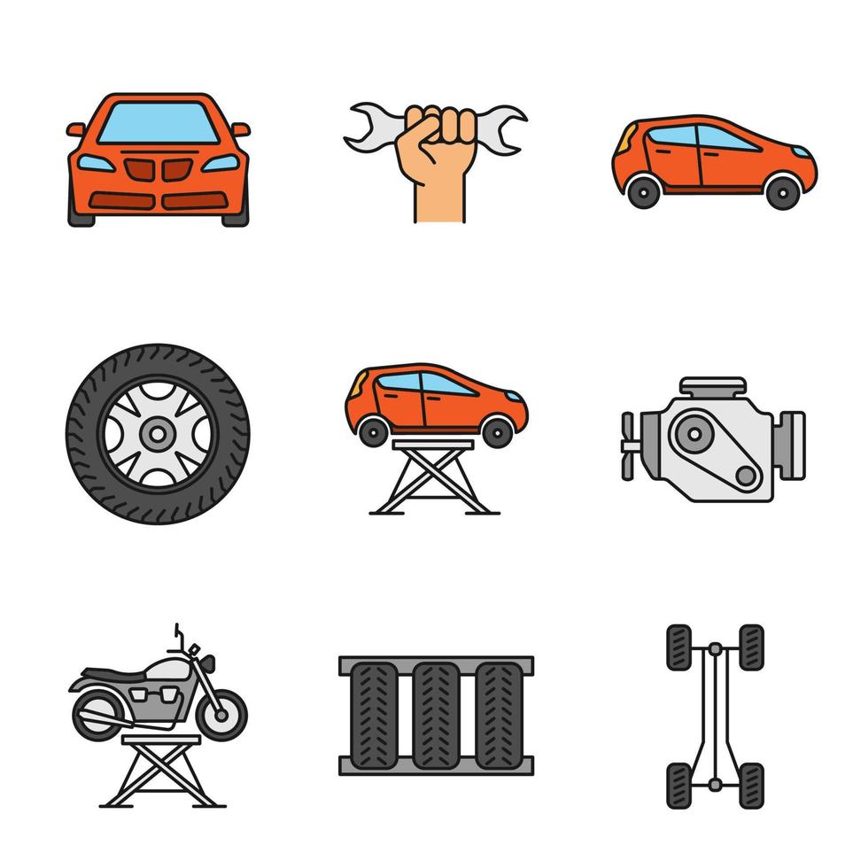 auto workshop gekleurde pictogrammen instellen. moersleutel in de hand, band en velg, auto, autokrik, motor, motorlift, chassisframe. geïsoleerde vectorillustraties vector