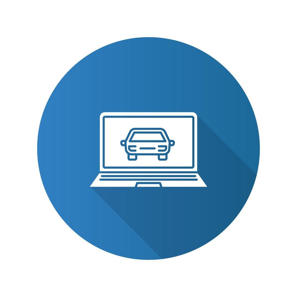 laptop met auto plat ontwerp lange schaduw glyph pictogram. taxi website. vector silhouet illustratie