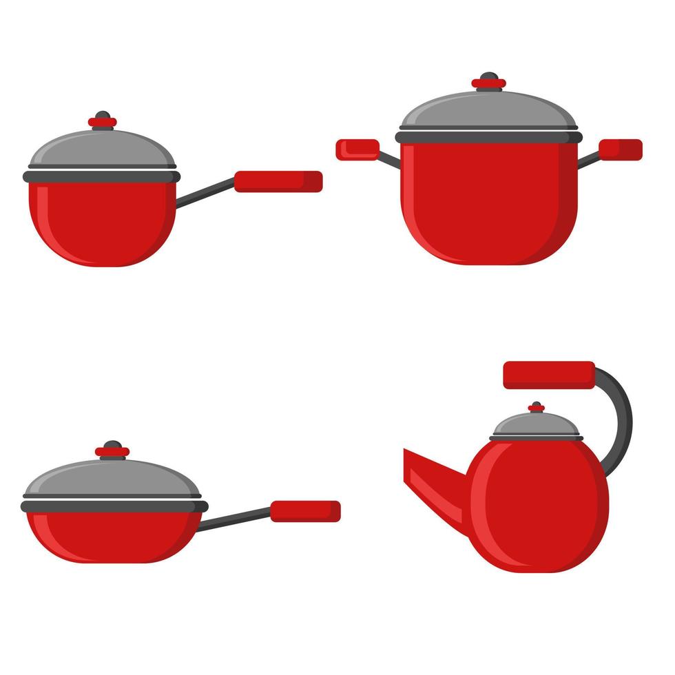 set keukengerei in rood-grijze kleur, keukenpannen met deksel vector