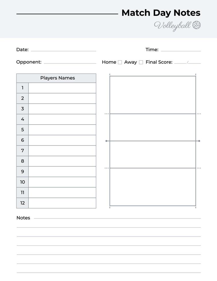 wedstrijddagnotities log met volleybalvelddiagram vector