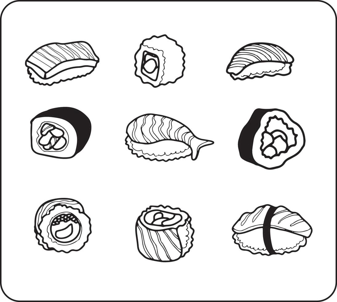 lijn sushi en broodjes pictogramserie. doodle vectorillustratie. vector