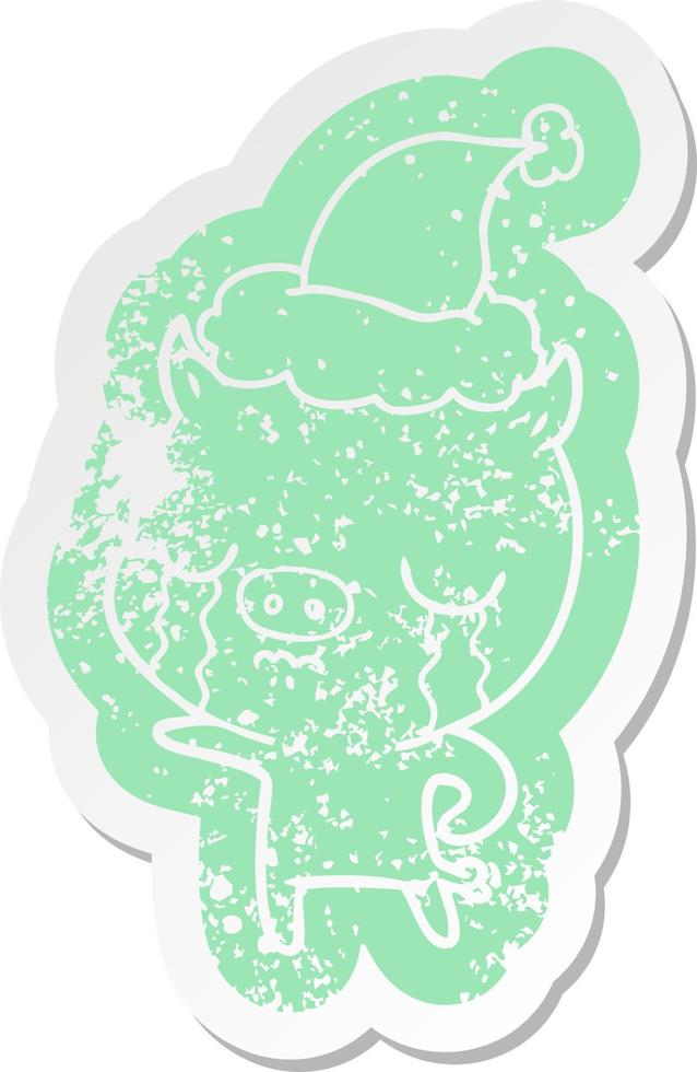 cartoon verontruste sticker van een huilend varken met een kerstmuts vector