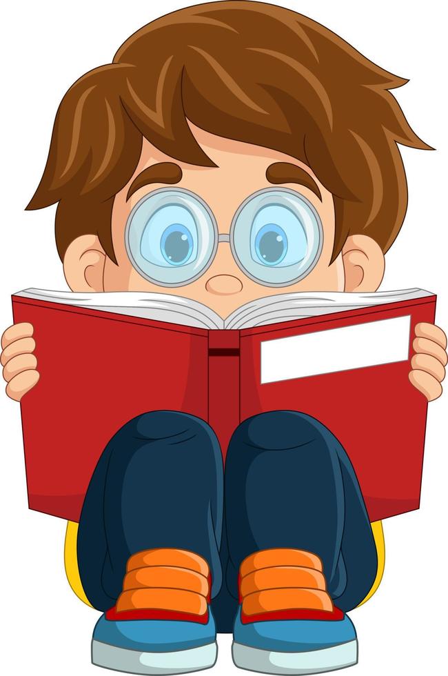 tekenfilm kleine jongen die zit en een boek leest vector