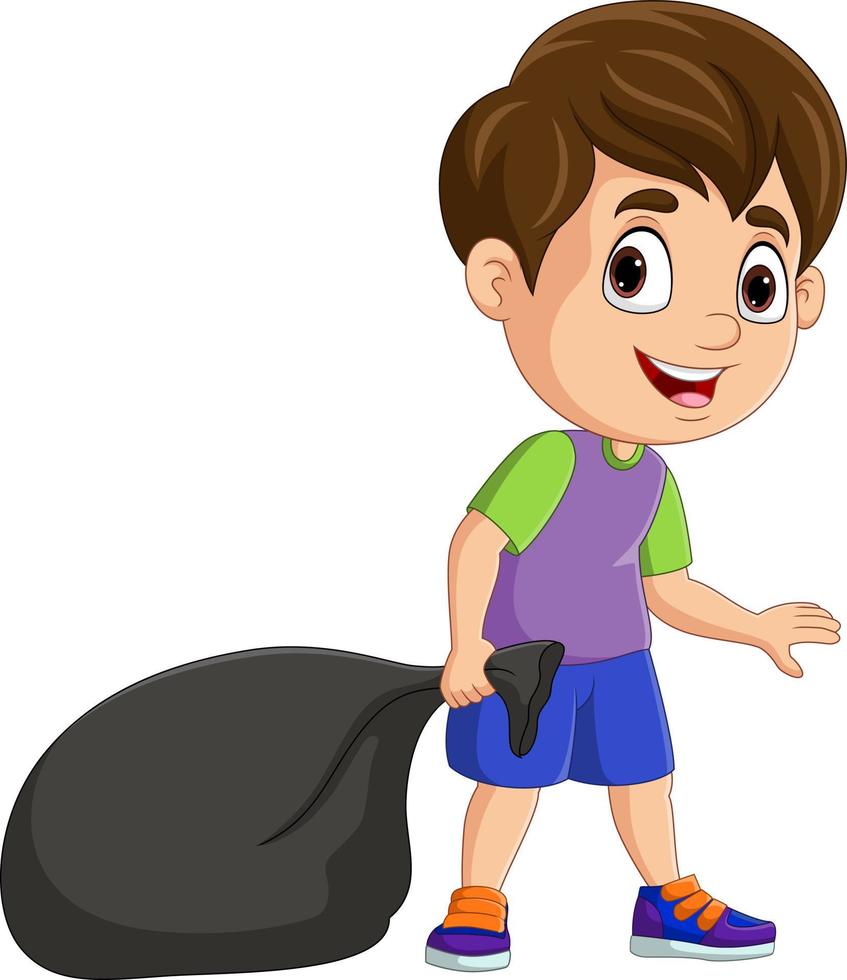 cartoon kleine jongen met zwarte plastic zak vector