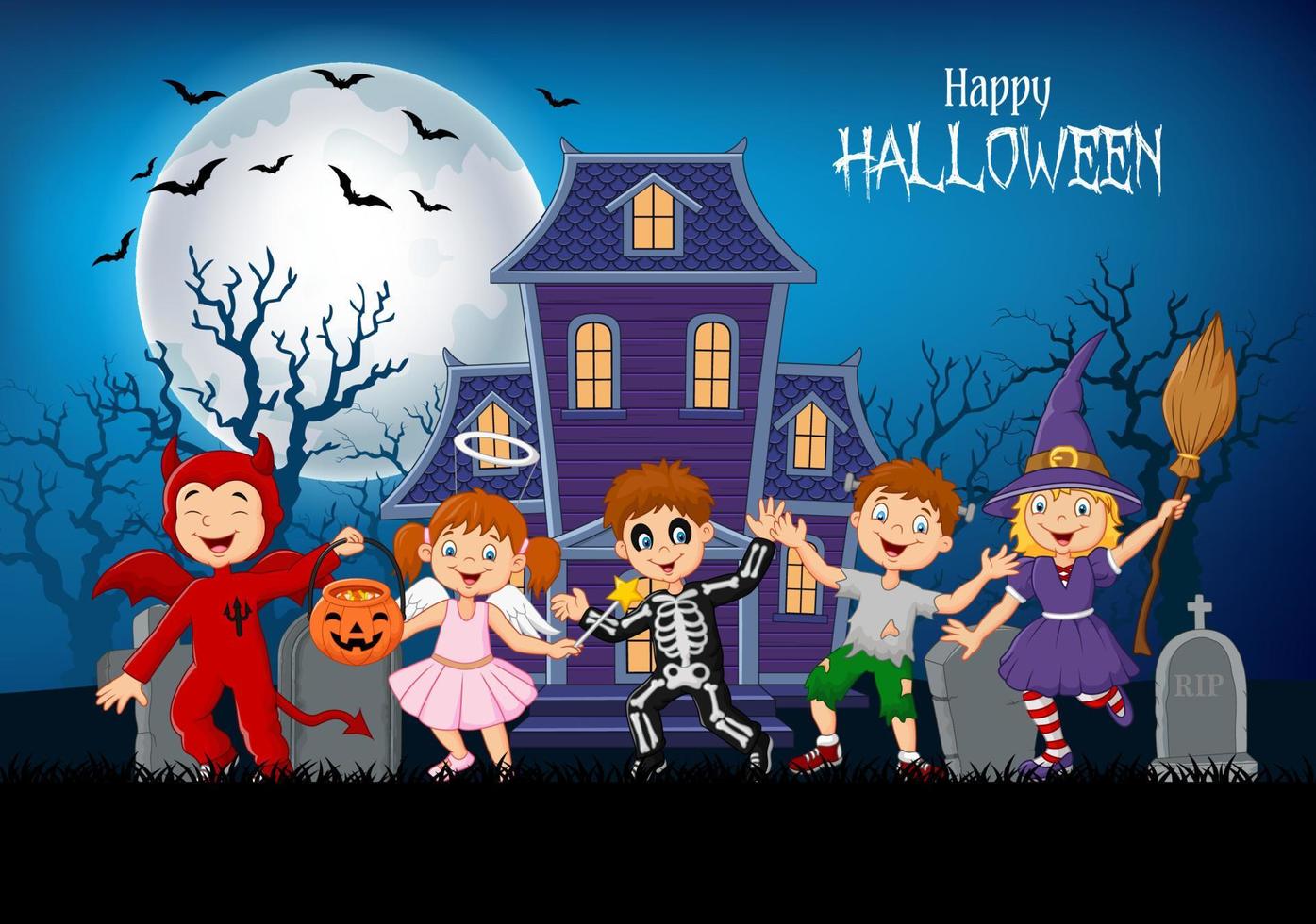 cartoon gelukkige kinderen met halloween-achtergrond vector