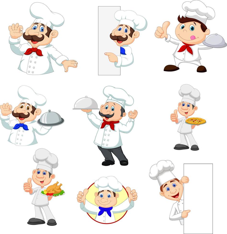 set van cartoon chef-kok op witte achtergrond vector