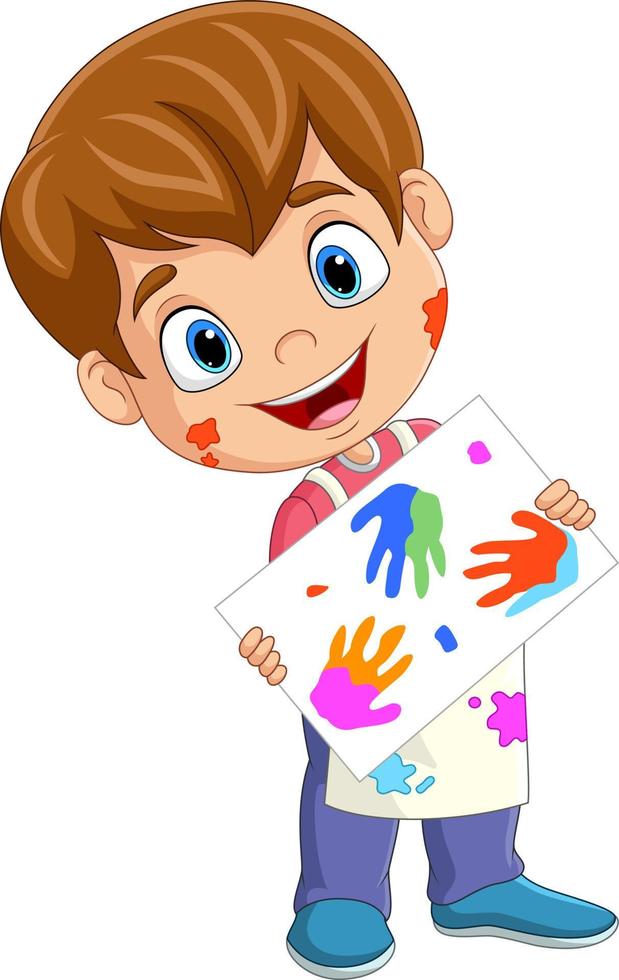 cartoon kleine jongen schilderen met kleurrijke handafdrukken vector