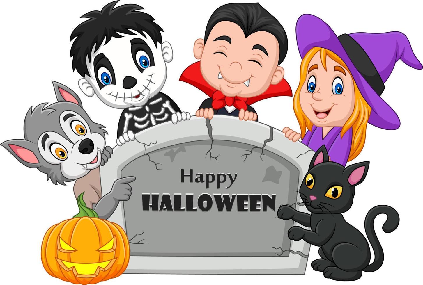 cartoon kinderen met halloween kostuum met grafsteen vector