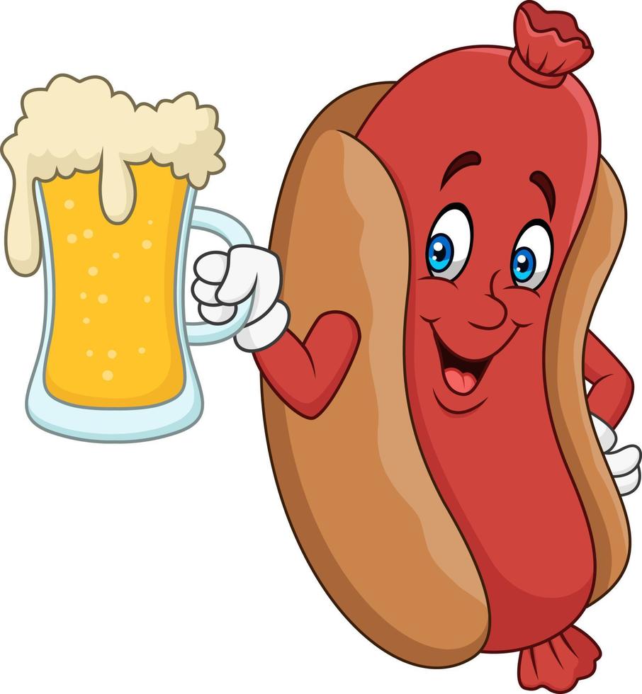 tekenfilm hotdog die een biertje drinkt vector