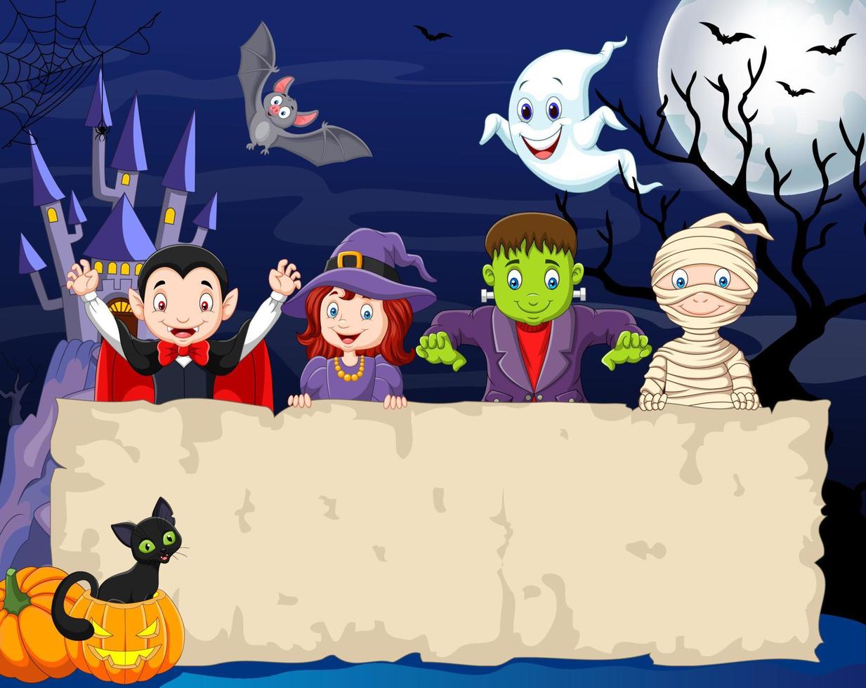 groep kinderen die halloween-kostuums dragen met een leeg bord vector