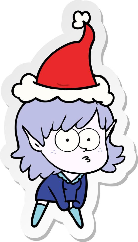 sticker cartoon van een elfenmeisje starend en gehurkt met een kerstmuts vector