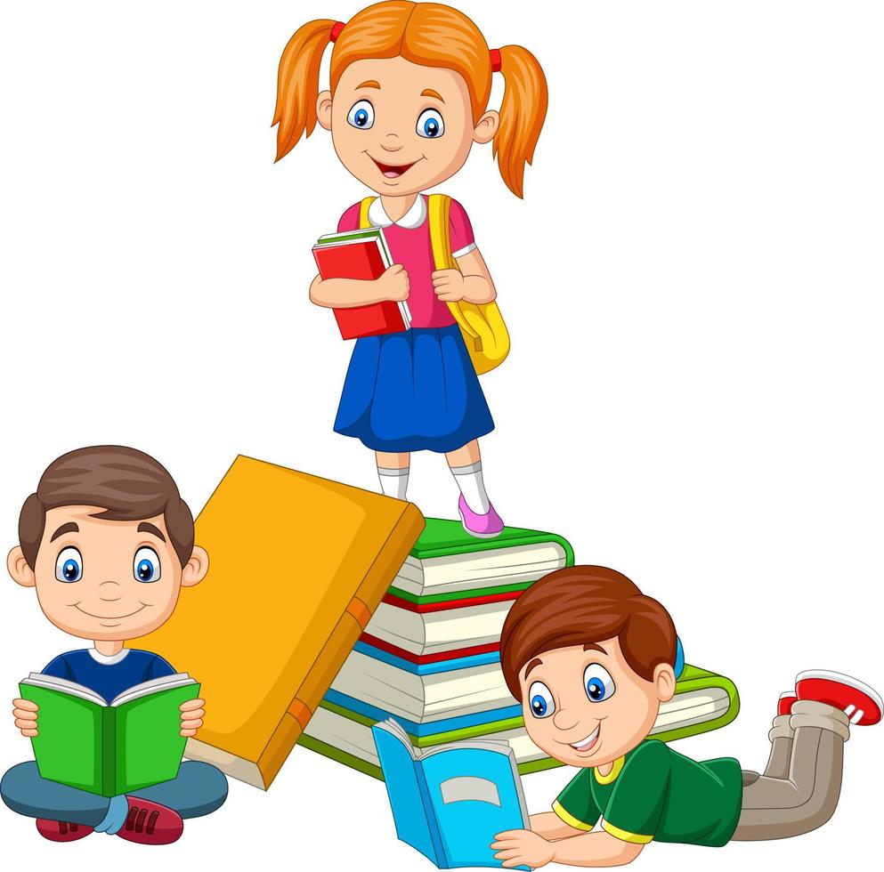 gelukkige schoolkinderen met stapel boeken vector