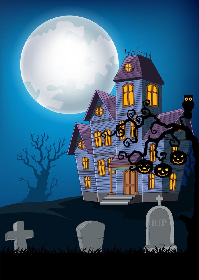 cartoon spookhuis met halloween achtergrond vector