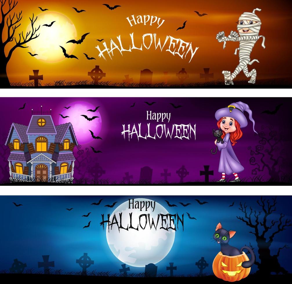 drie sets halloween-banners vector