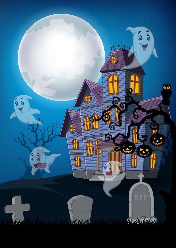 spookhuis en spook met halloween-achtergrond vector