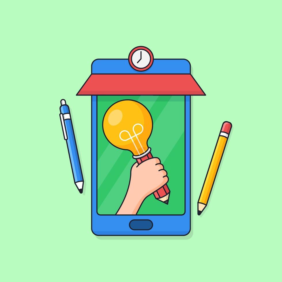 hand met gloeilamp lamp op smartphone scherm met student tools vector illustratie voor creatieve school les online leren applicatie