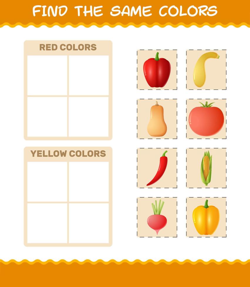 dezelfde kleuren groenten vinden. zoeken en matchen spel. educatief spel voor kleuters en peuters vector