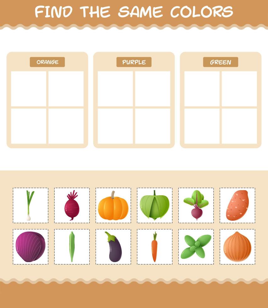 dezelfde kleuren groenten vinden. zoeken en matchen spel. educatief spel voor kleuters en peuters vector