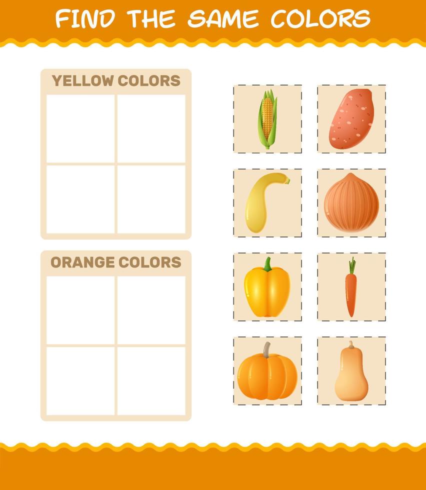 dezelfde kleuren groenten vinden. zoeken en matchen spel. educatief spel voor kleuters en peuters vector