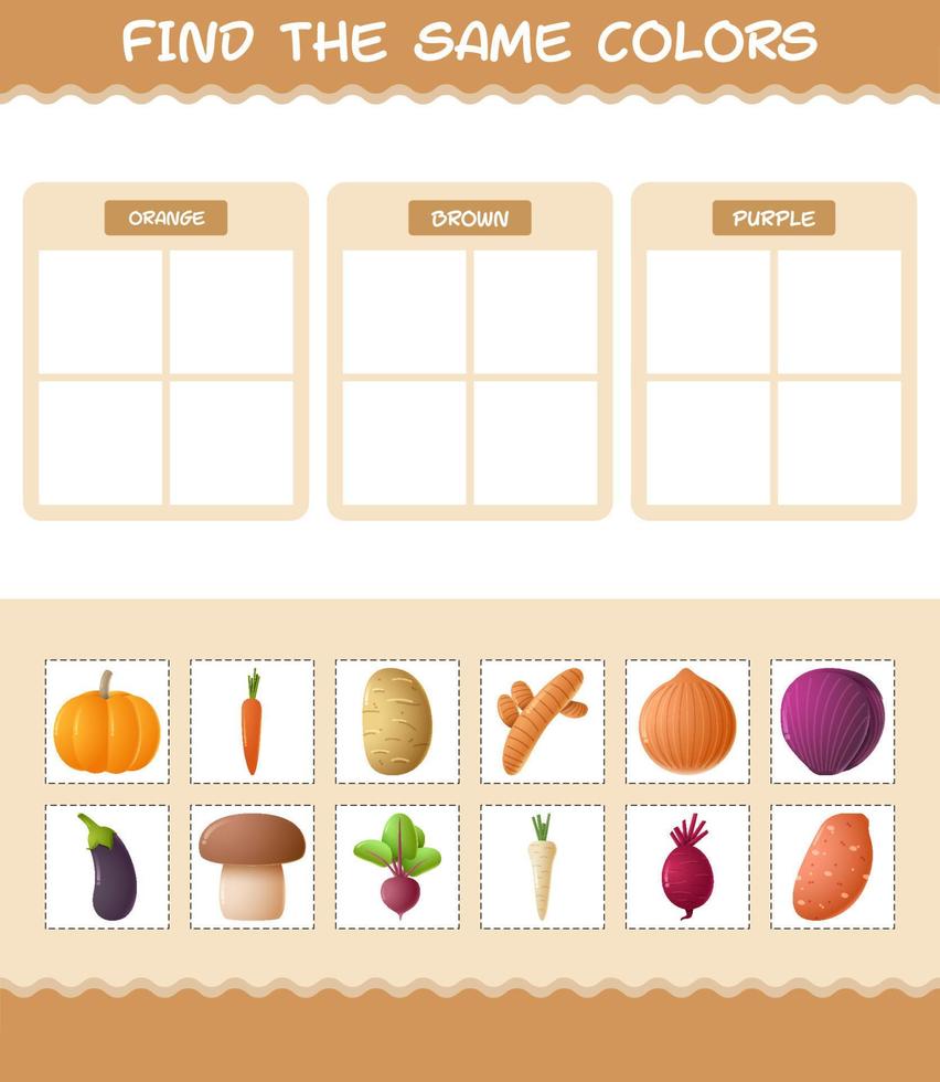 dezelfde kleuren groenten vinden. zoeken en matchen spel. educatief spel voor kleuters en peuters vector