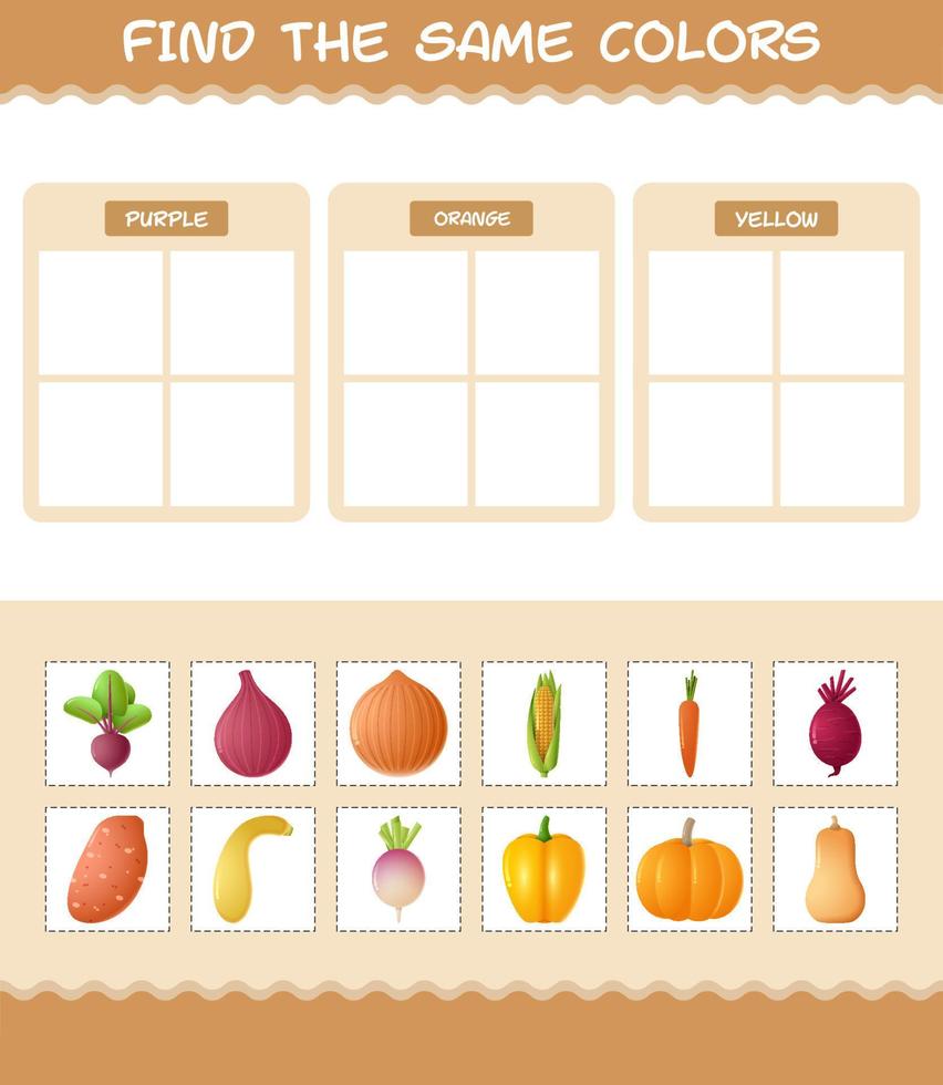 dezelfde kleuren groenten vinden. zoeken en matchen spel. educatief spel voor kleuters en peuters vector