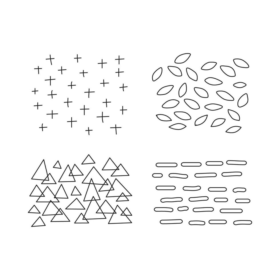 set van Krabbel abstracte doodle texturen geïsoleerd op een witte achtergrond. uit de vrije hand inktzwarte bladeren, lijnen, driehoeken, kruisen. vector