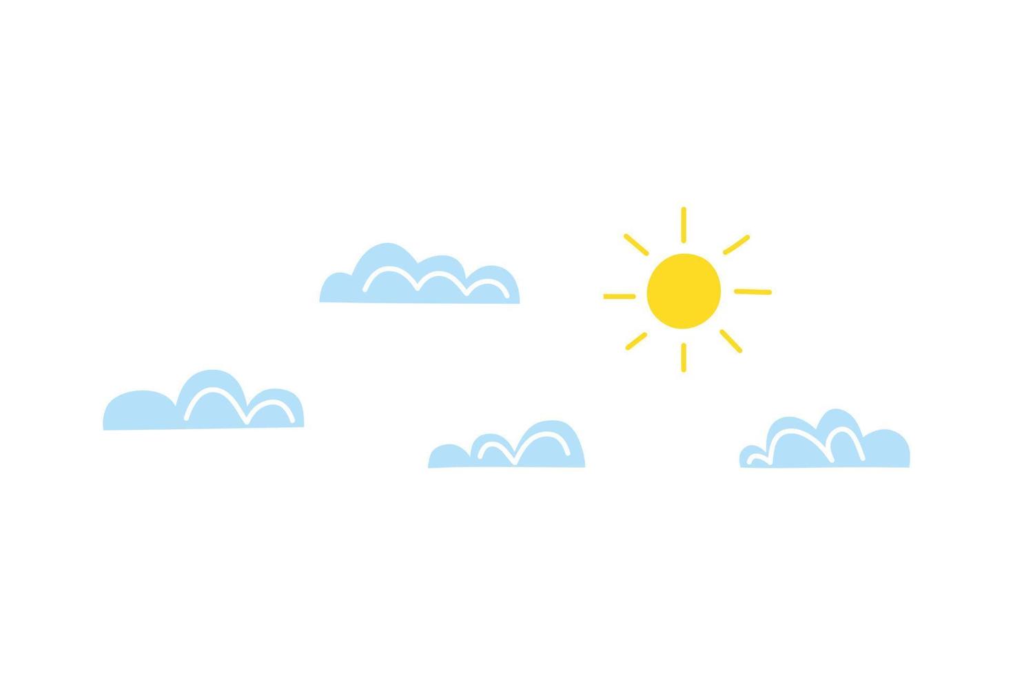 schattige doodle kleurrijke zon en wolken geïsoleerd op een witte achtergrond. vector