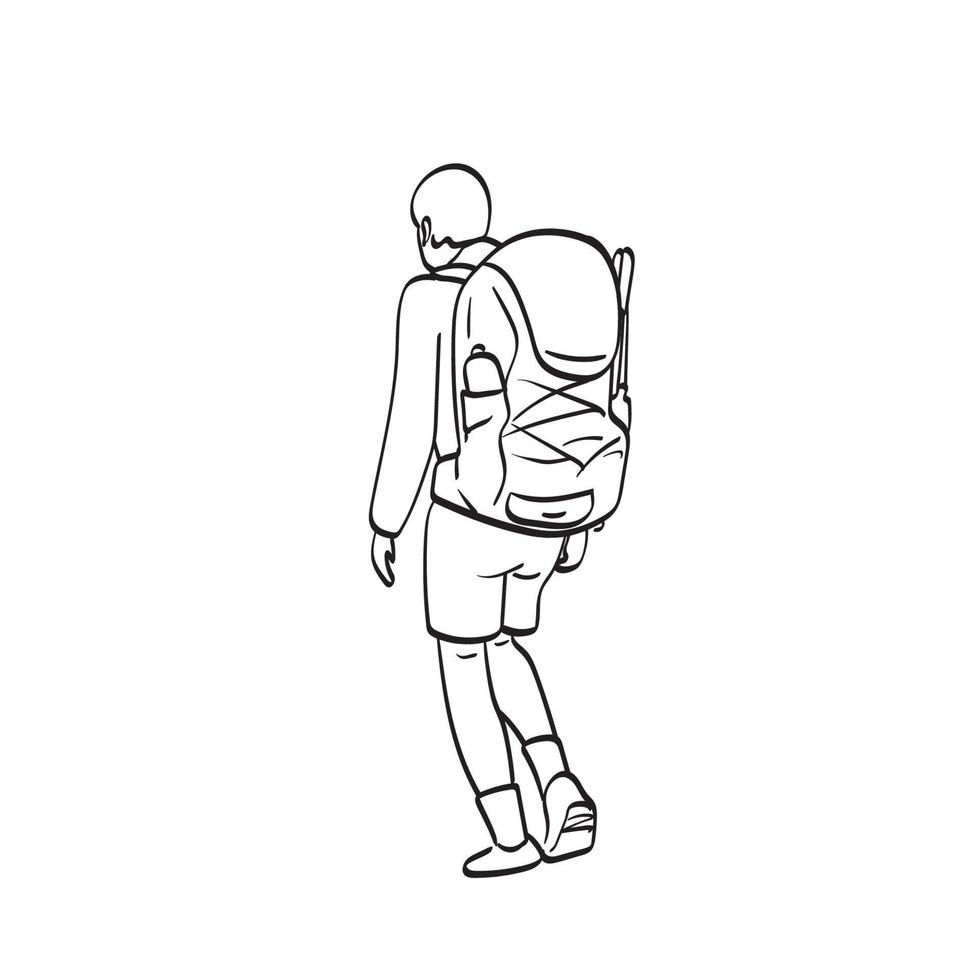 achteraanzicht van mannelijke backpacker wandelen illustratie vector hand getekend geïsoleerd op witte achtergrond lijntekeningen.