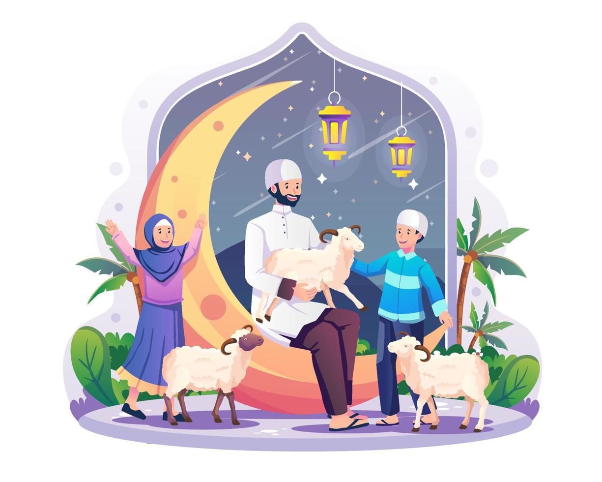 een vader en zijn kinderen vieren de nacht van eid al-adha met de schapen. een moslim die op de halve maan zit en een lam vasthoudt. vectorillustratie in vlakke stijl vector