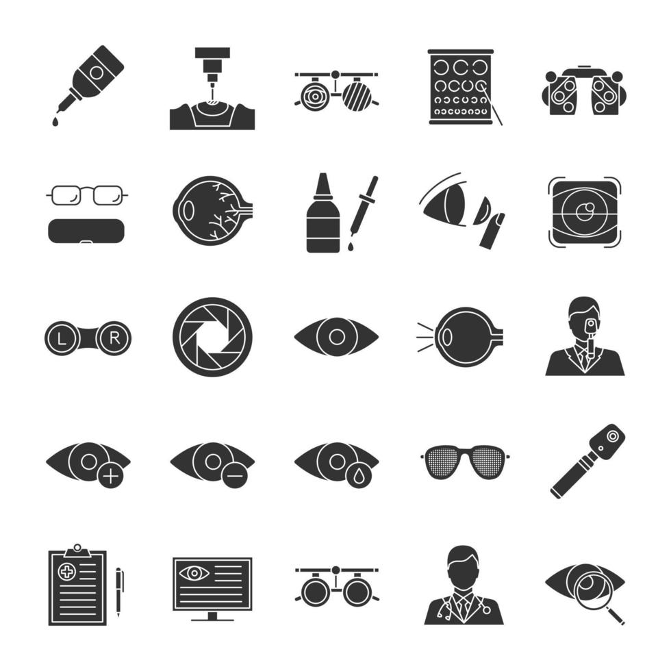 oogheelkunde glyph pictogrammen instellen. optometrie. apparatuur voor gezichtsonderzoek en behandeling. silhouet symbolen. vector geïsoleerde illustratie