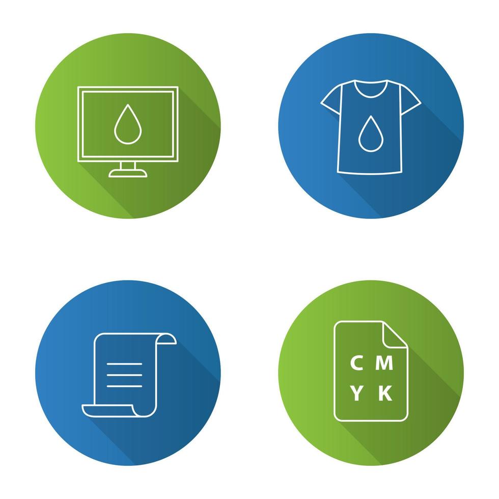 afdrukken van platte lineaire lange schaduw iconen set. computerweergave kalibratie, t-shirt print, document, CMYK-kleurmodel. vector overzicht illustratie