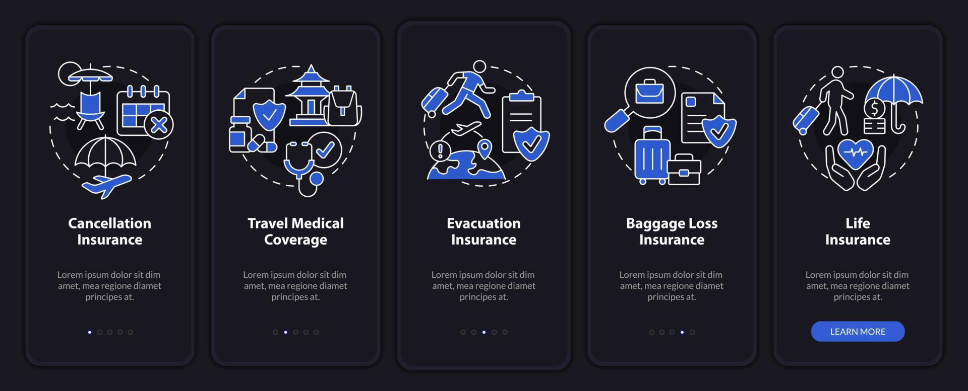 soorten reisverzekering nachtmodus onboarding mobiele app-scherm. walkthrough 5 stappen grafische instructiepagina's met lineaire concepten. ui, ux, gui-sjabloon. vector