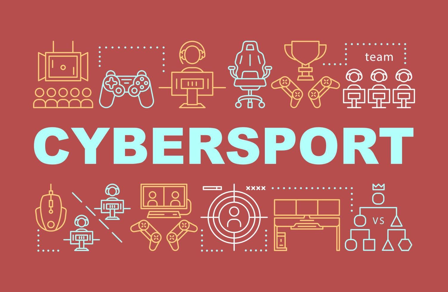 cybersport woord concepten banner. esports-toernooien organiseren. computerspelletjes competitie. presentatie, website. geïsoleerde belettering typografie idee met lineaire pictogrammen. vector overzicht illustratie