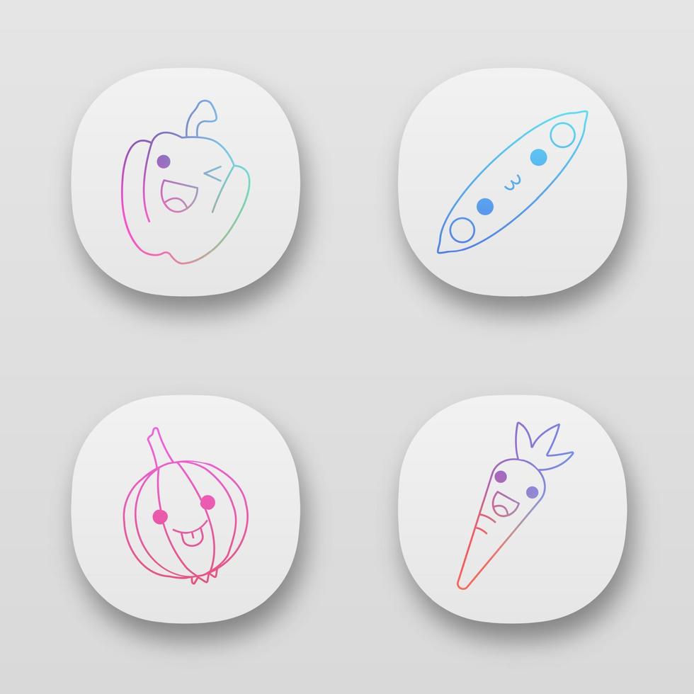 groenten schattige kawaii app tekens set. knipogende paprika. erwt, ui, wortel met lachende gezichten. grappige emoji, emoticon, glimlach. vector geïsoleerde illustratie