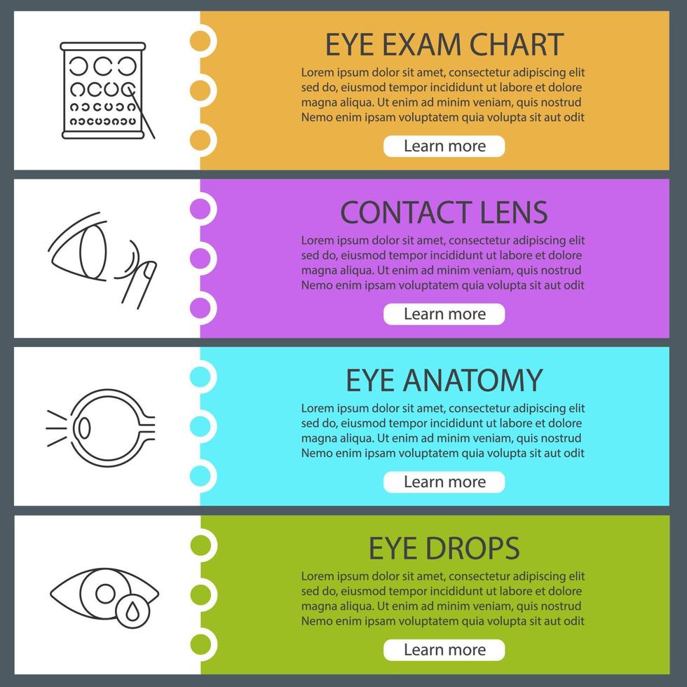 oogheelkunde webbanner sjablonen set. website kleur menu-items met lineaire pictogrammen. landolt-kaart, contactlens, ooganatomie, druppels. ontwerpconcepten voor vectorkoppen vector