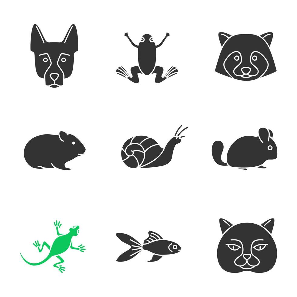 huisdieren glyph pictogrammen instellen. duitse herder, kikker, wasbeer, hamster, slak, chinchilla, kikker, hagedis, goudvis, britse kat. silhouet symbolen. vector geïsoleerde illustratie