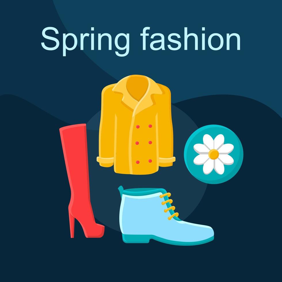 lente mode platte concept vector pictogram. winkelen idee cartoon kleur illustraties set. Kledingwinkel. kleding en schoenen. dames outfit. jas, laarzen, hoge hakken. geïsoleerd grafisch ontwerpelement