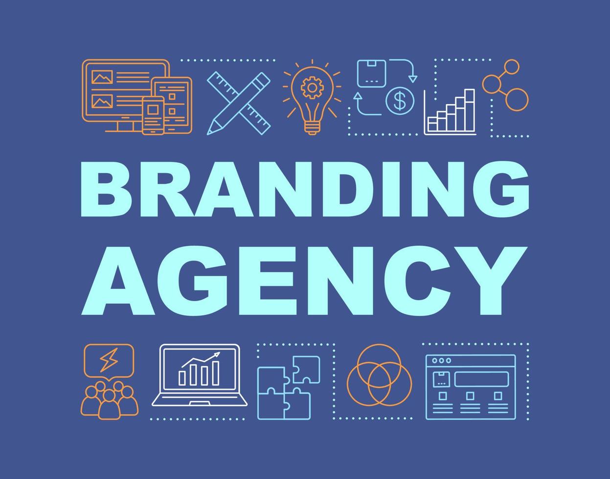 branding bureau woord concepten banner. werk team samenwerking. merkmanagement. strategische planning. presentatie, website. geïsoleerde belettering typografie idee, lineaire pictogrammen. vector overzicht illustratie