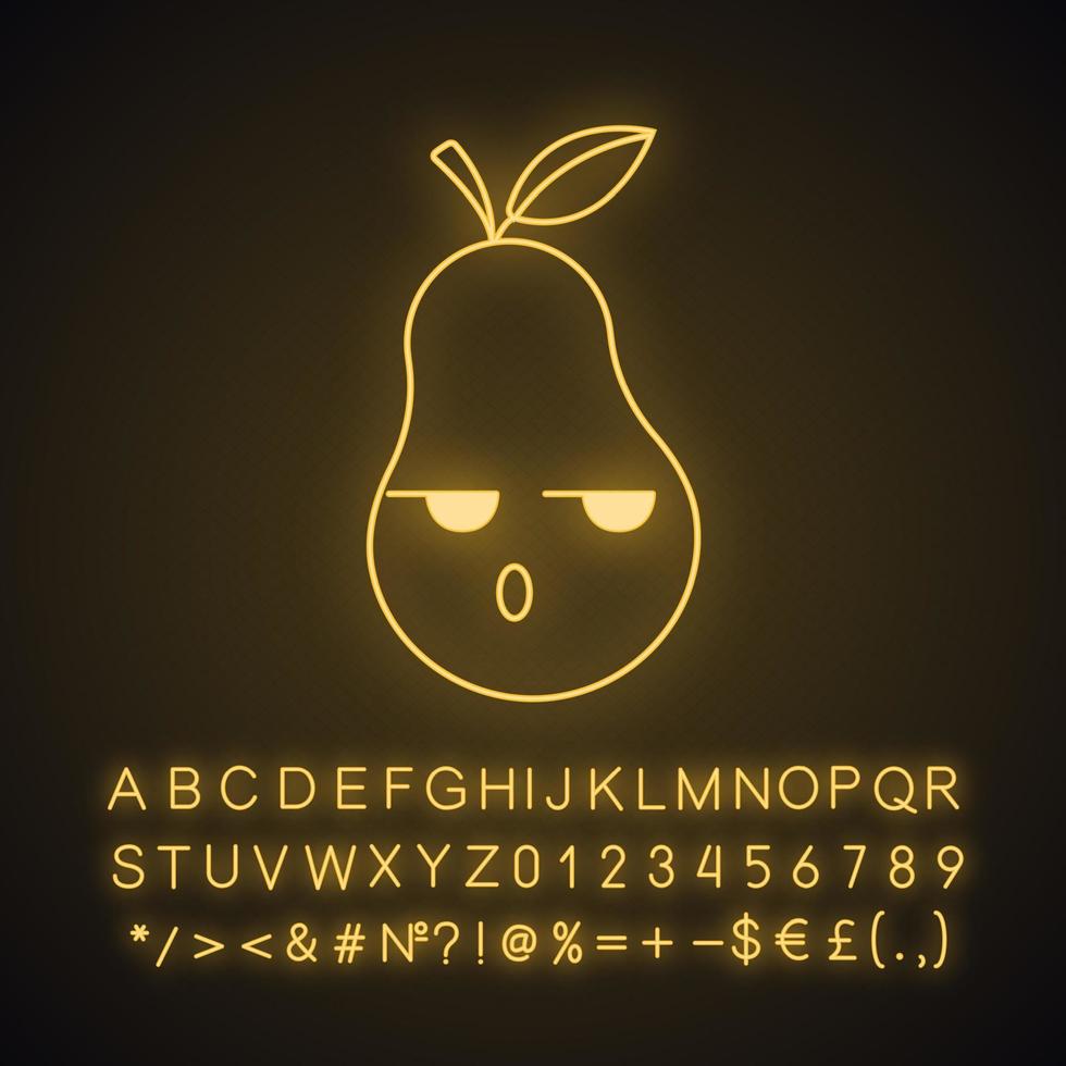 peer schattig kawaii neonlicht karakter. ernstige en droevige vrucht. gezond eten. grappige emoji, emoticon, ontevreden. gloeiend pictogram met alfabet, cijfers, symbolen. vector geïsoleerde illustratie