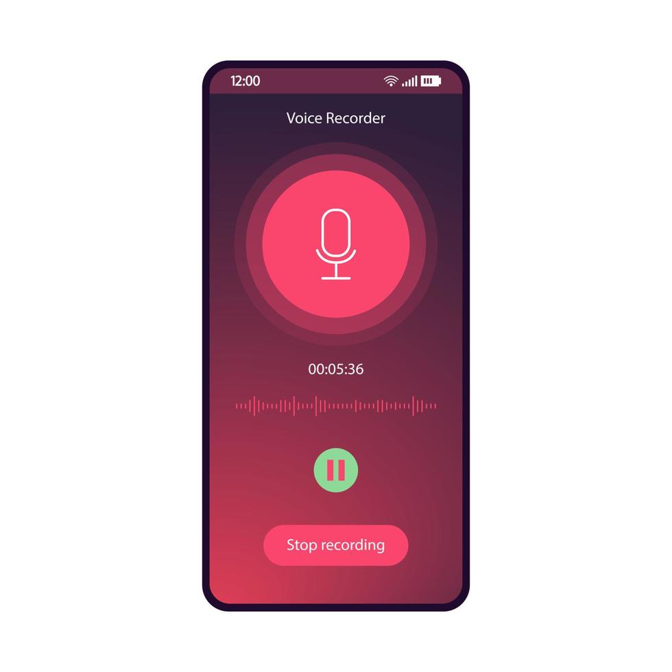 voice recorder app smartphone interface vector sjabloon. geluid rec mobiele applicatie platte gradiënt ui. audio-opname proces pagina paarse ontwerp lay-out. vastleggen, pauzeren, stopknoppen op het telefoonscherm