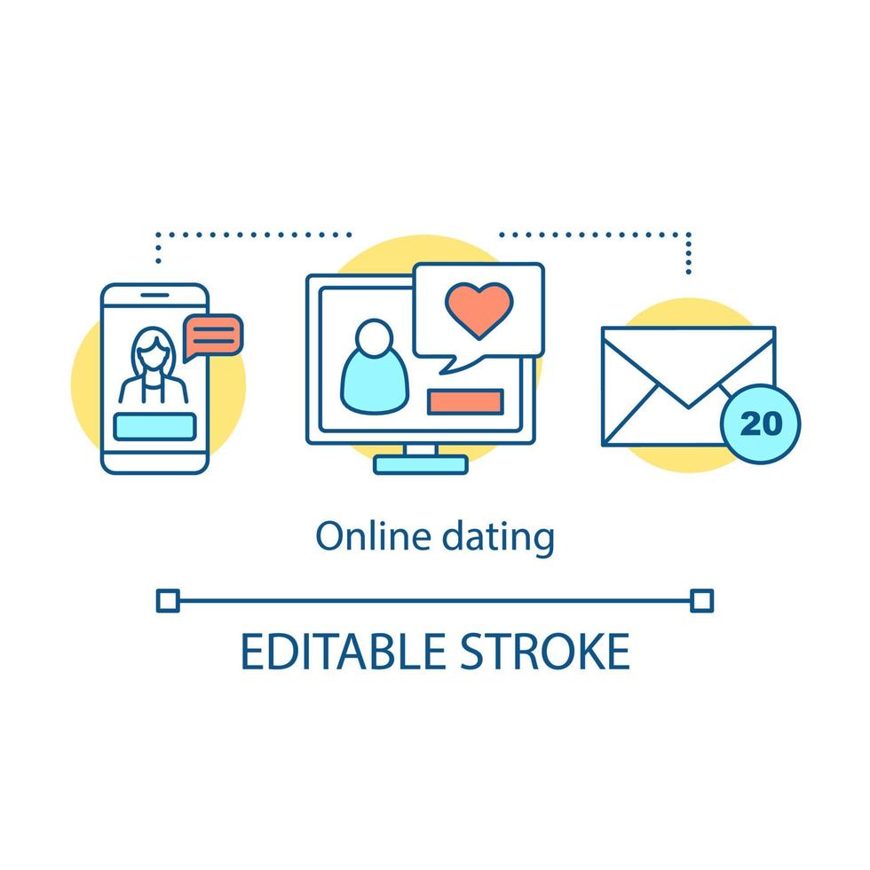 online dating concept icoon. vind liefde service idee dunne lijn illustratie. vrouwelijke account op smartphone. computer met mannelijk profiel. romantisch gesprek. vector geïsoleerde overzichtstekening. bewerkbare streek