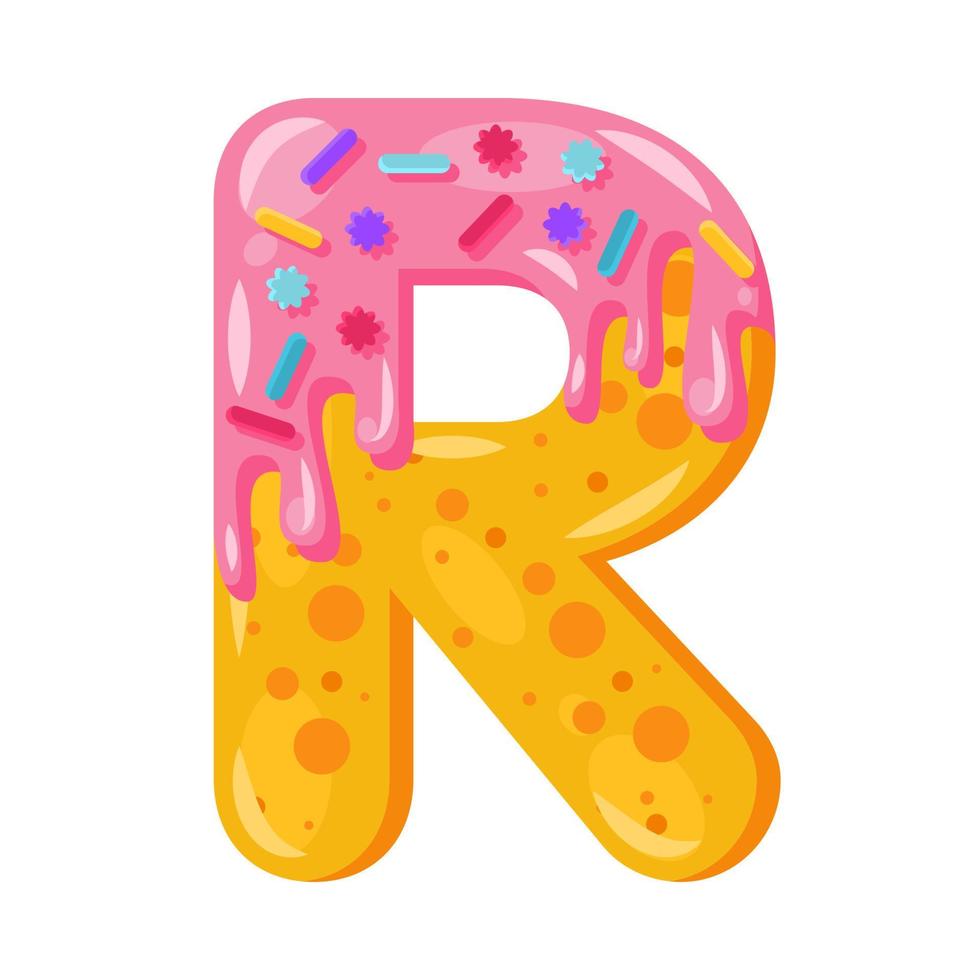 donut cartoon r brief vectorillustratie. biscuit vet lettertype. geglazuurde hoofdletter met glazuur. verleidelijke platte ontwerptypografie. koekjes alfabet. gebak, bakkerij geïsoleerd clipart vector