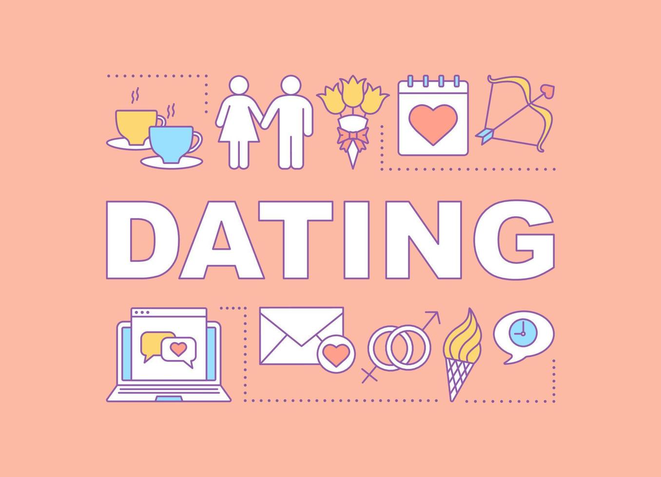 dating woord concepten banner. verliefd worden. koppel matchmaking. ga op date. internet flirten. presentatie, website. geïsoleerde belettering typografie idee met lineaire pictogrammen. vector overzicht illustratie..